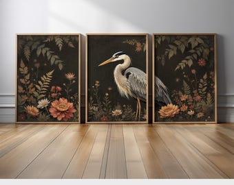 Rustic Heron Bird Canvas Wall Art Set of 3 | Floral Nature Triptych in Warm Brown and Orange Tones | Vintage Woodland Decor for Home