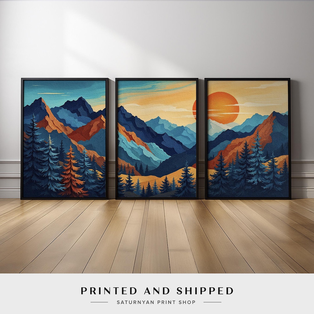 Mountain Landscape Wall Art Set of 3 | Blue and Gold Forest Triptych ...