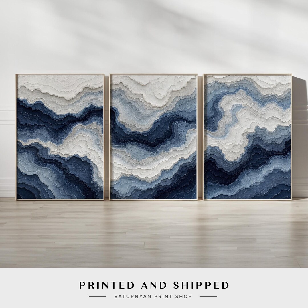 Ocean Inspired Navy Blue Wall Art Set | Set of 3 Topographic Wave ...