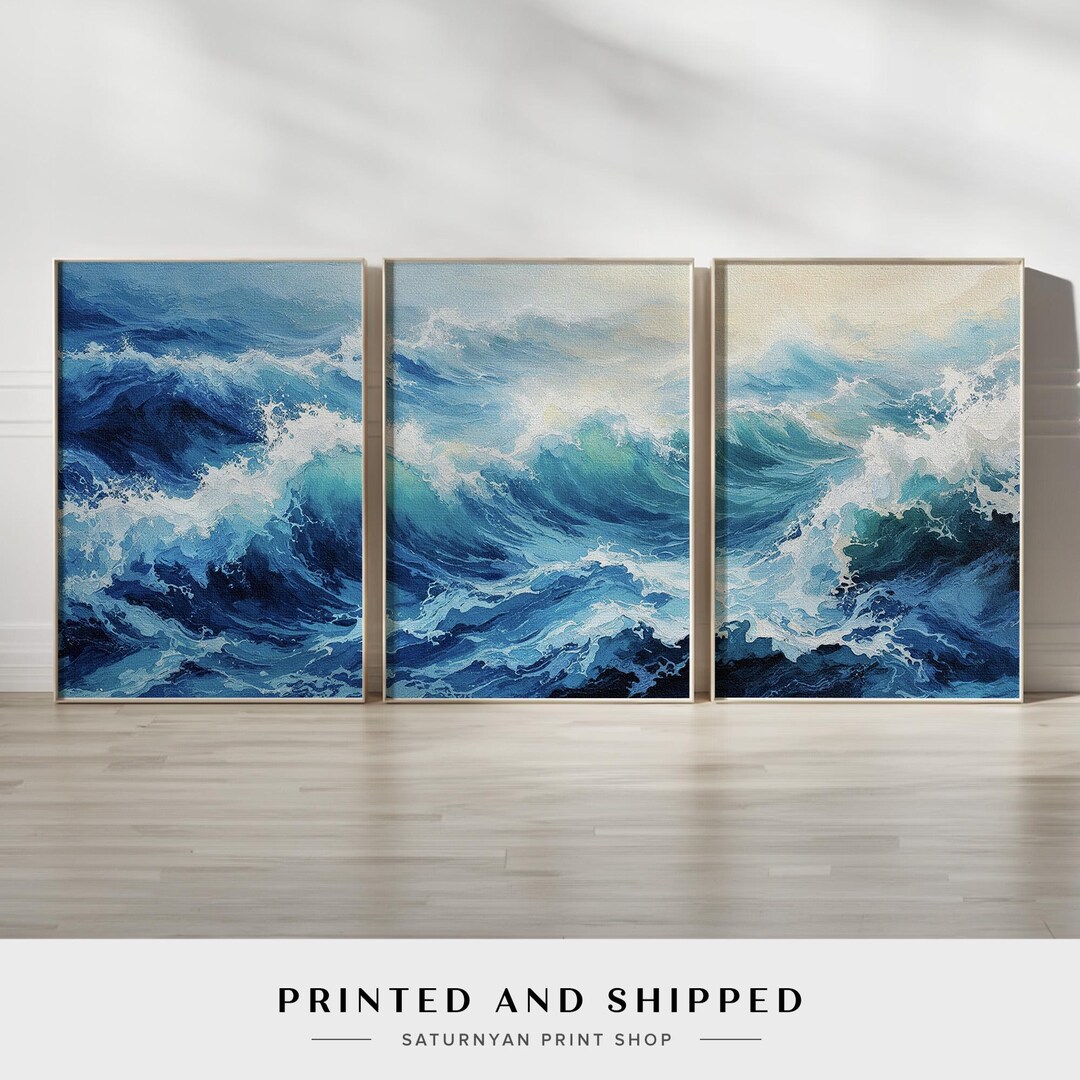 Abstract Ocean Wave Wall Art Set of 3 | Bold Blue Coastal Triptych ...