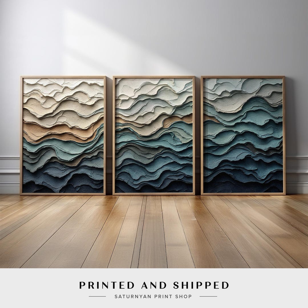 Coastal Wave Abstract Wall Art Set of 3 | Ocean Inspired in Blue Teal ...