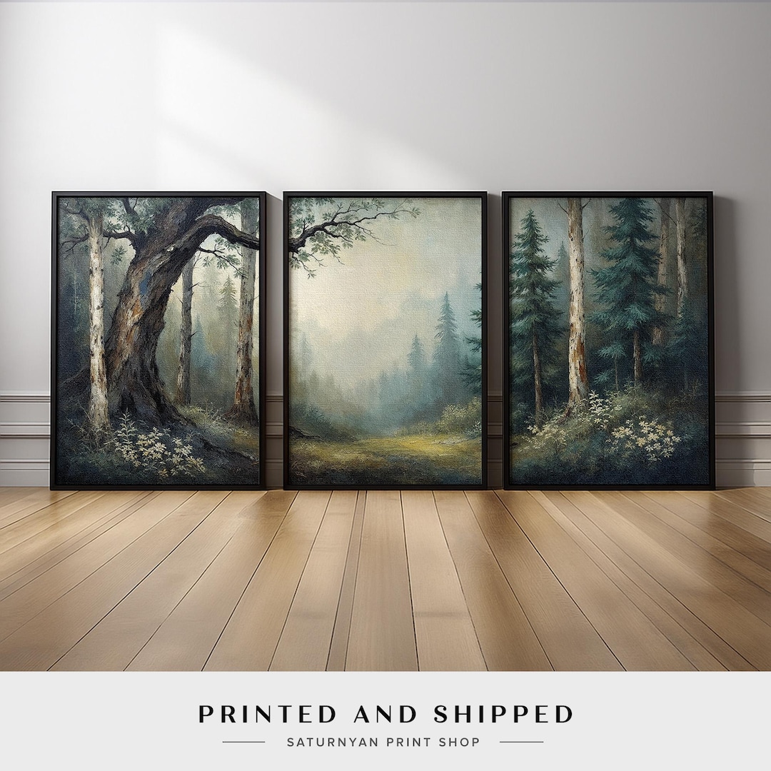 Forest Wall Art Triptych | Misty Pine Tree Canvas Prints Set of 3 ...