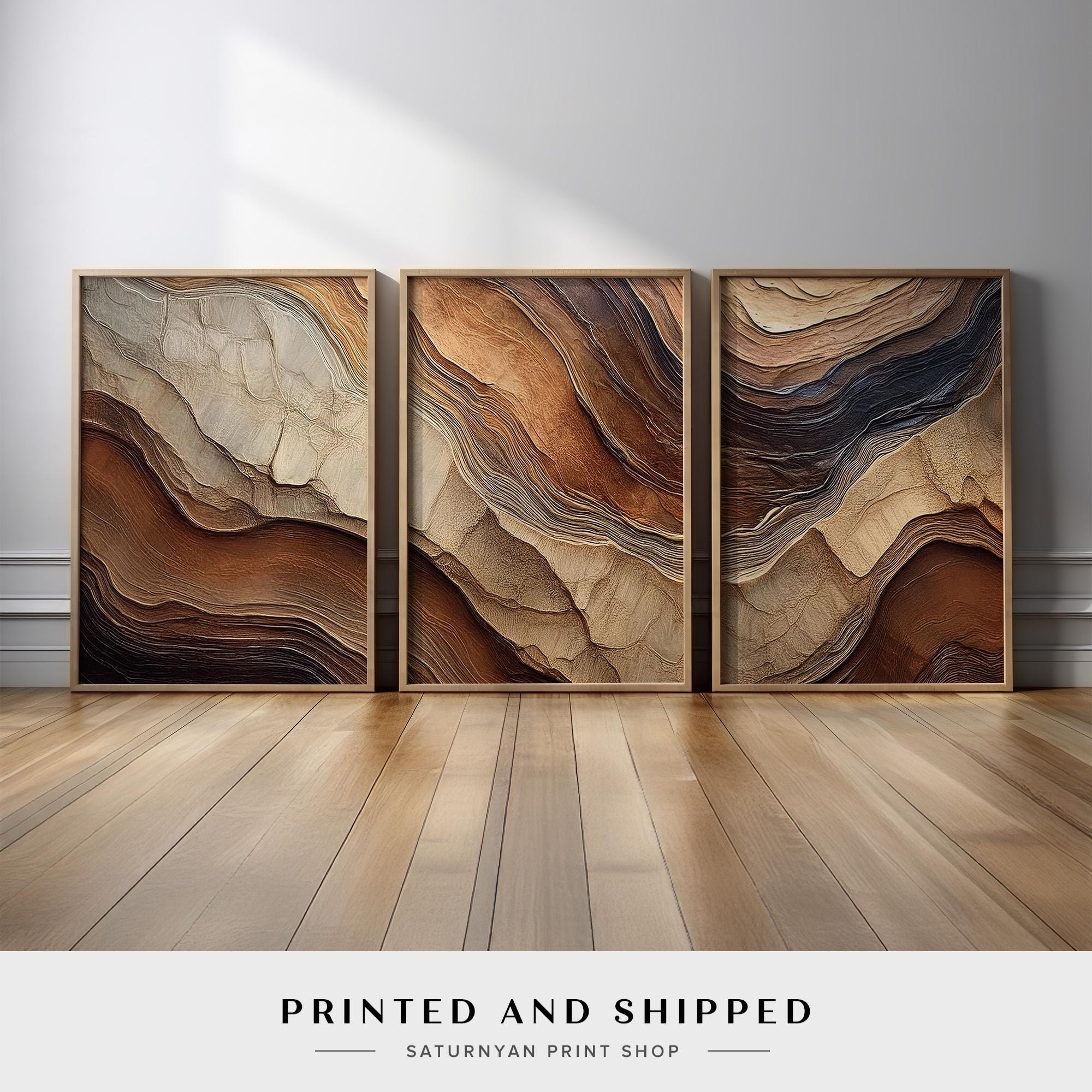 Earth Tone Rustic Abstract Wall Art Set of 3 | Canyon Sediment Canvas Prints Triptych in Brown, Beige, and Black | Modern Neutral Landscape