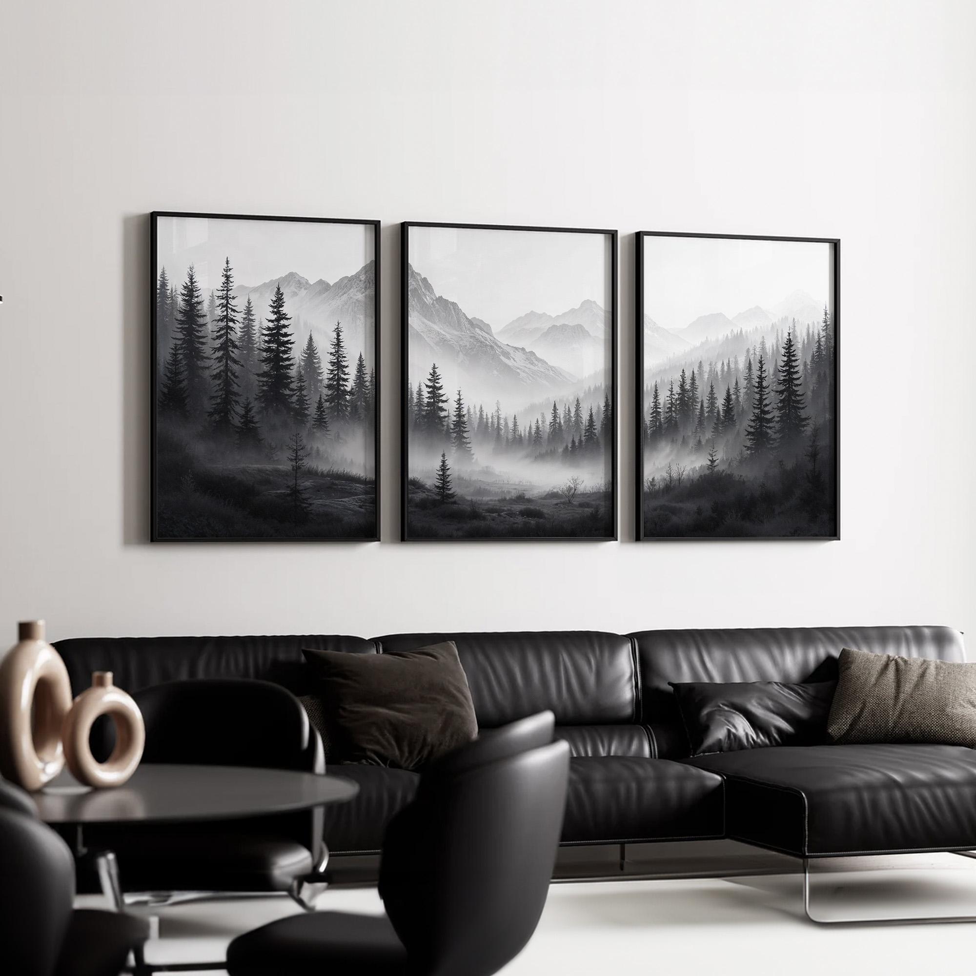 Monochrome Landscape Triptych | Misty Pine Tree and Mountain Wall