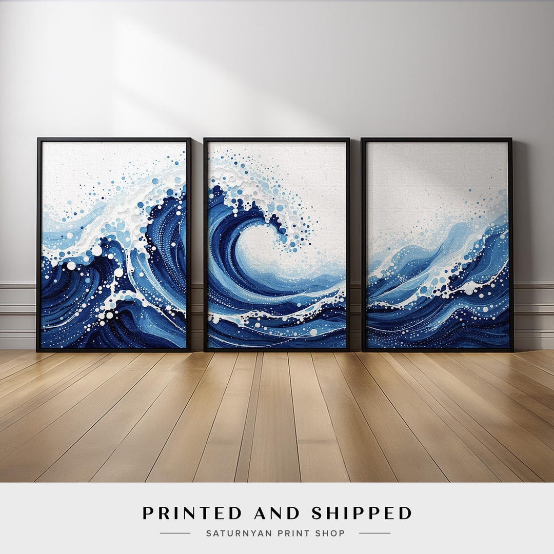 Ocean Wave Wall Art Set of 3 | Blue Coastal Abstract Triptych With ...