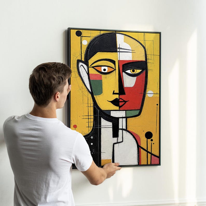 Cubist Portrait Wall Art Set | Abstract Yellow Red Black Faces | Bold ...