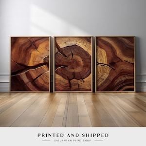 May include: Three framed prints of close-up images of wood grain. The wood is a rich brown color with a reddish hue. The grain patterns are intricate and detailed.
