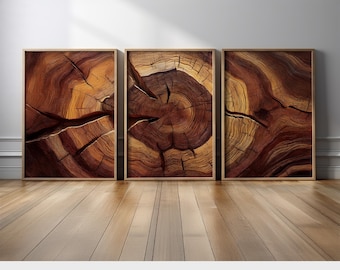 May include: Three framed prints of close-up images of wood grain. The wood is a rich brown color with a reddish hue. The grain patterns are intricate and detailed.