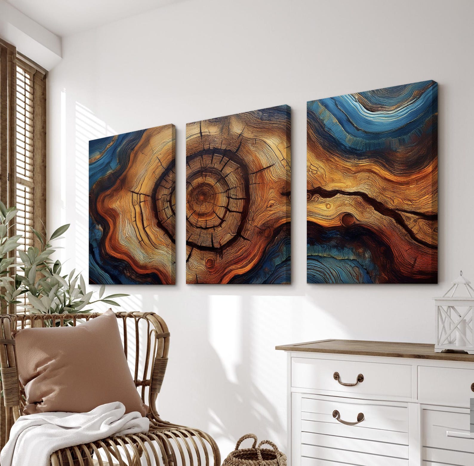 Tree Rings Abstract Painting, Rustic Wood Grain Wall Art, Triptych ...