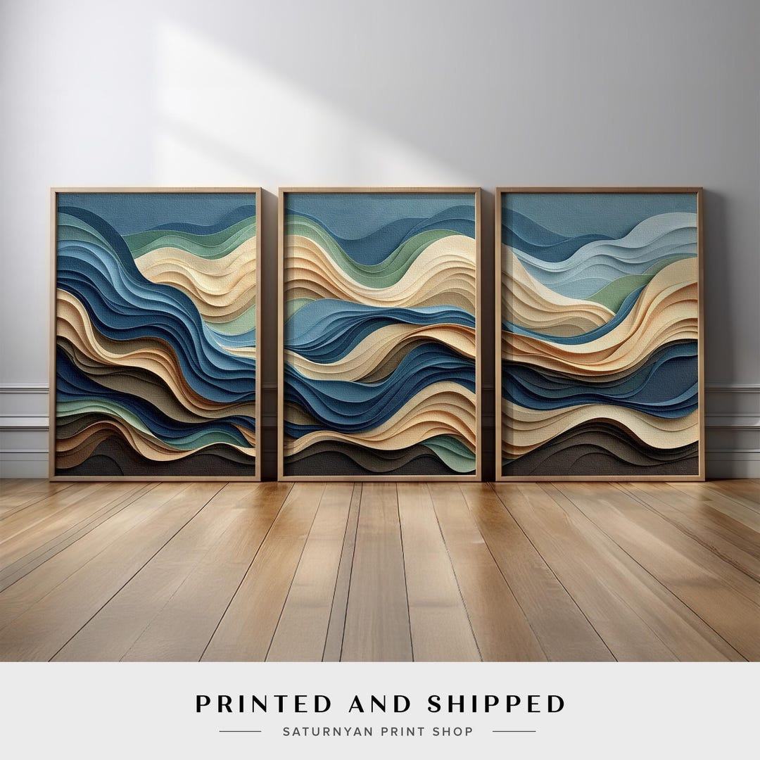 Coastal Wave Inspired Abstract Wall Art Set of 3 | Blue Beige Ocean ...
