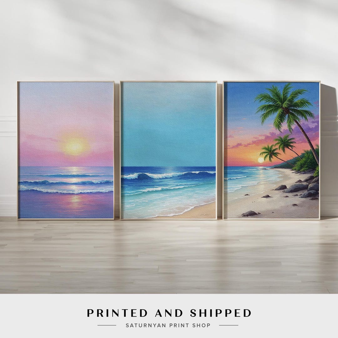 Beach Wall Art Set of 3 | Tropical Sunset Triptych Canvas Prints With ...