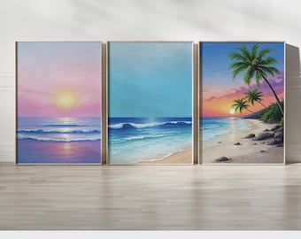 Beach Wall Art Set of 3 | Tropical Sunset Triptych Canvas Prints with Palm Trees, Ocean Waves, and Pastel Skies for Coastal, Boho Decor
