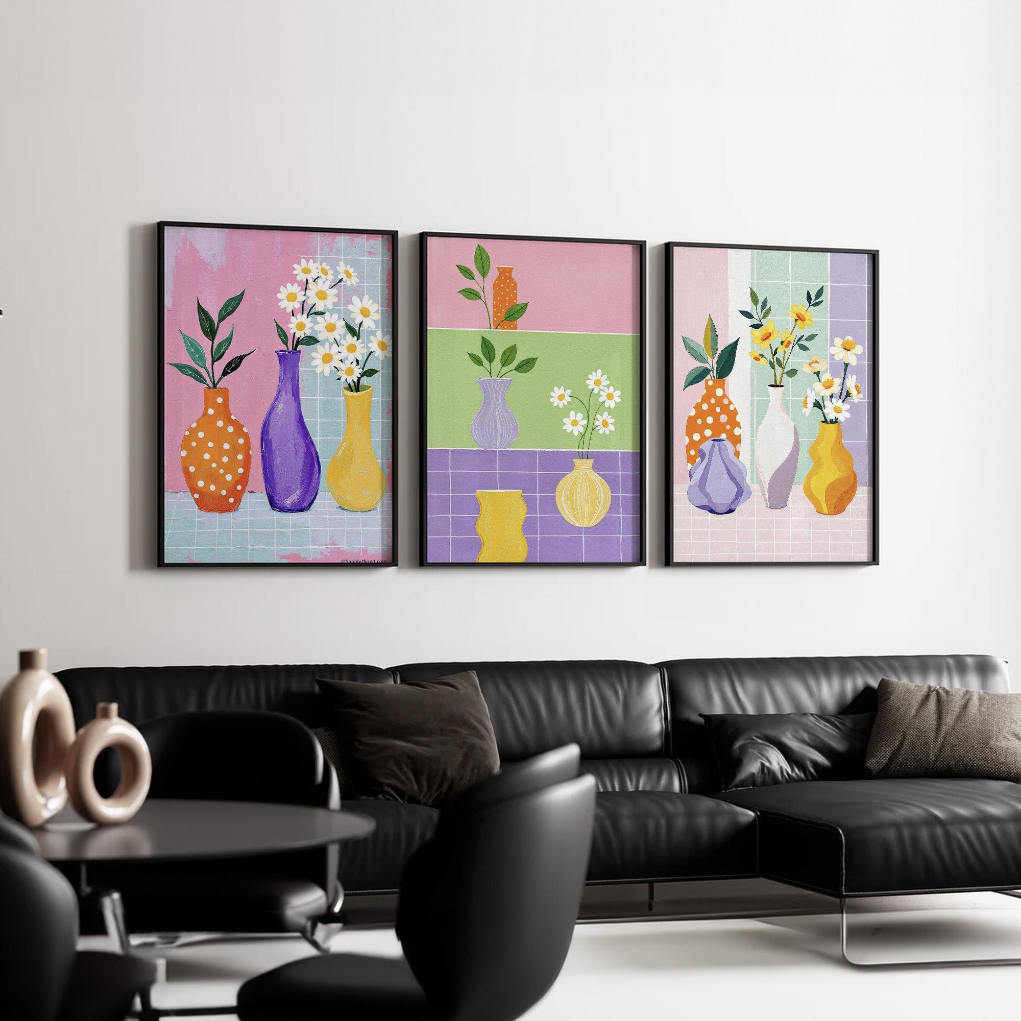 Colorful Floral Vase Wall Art Set of 3 | Modern Daisy Flower Prints for ...