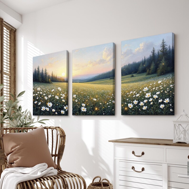 Wildflower Meadow Landscape Wall Art Set of 3 | Sunset Countryside ...