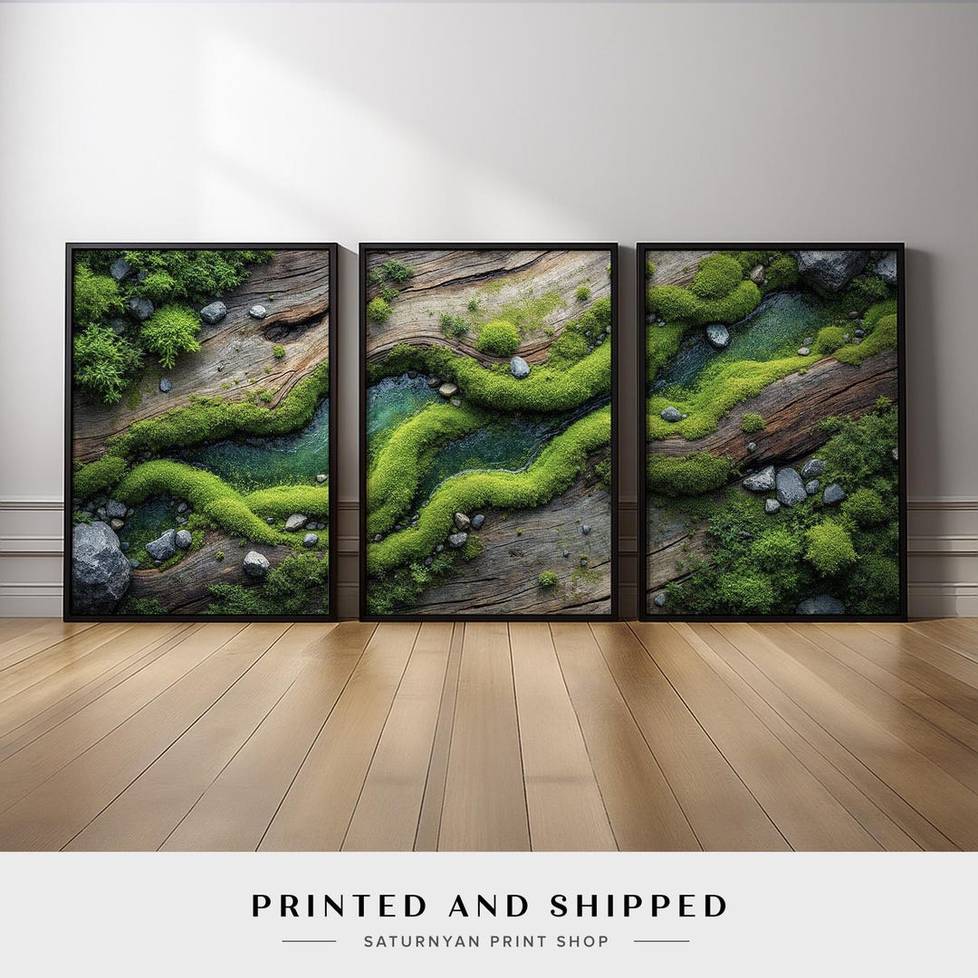 Green Nature Wall Art Triptych | Aerial Woodland Forest Moss and Stream ...