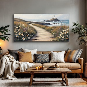 Coastal Lighthouse Wall Art, Serene Beach Pathway Painting, Nautical Seascape Print, Wildflowers and Ocean Scene Artwork, Rustic Coastal Art