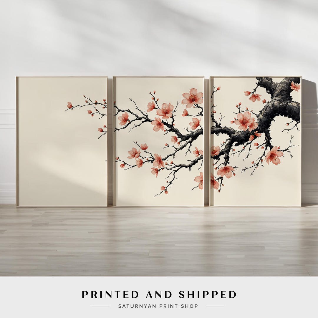 Japanese Cherry Blossom Wall Art Set Minimalist Sakura Triptych — free download