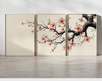 Japanese Cherry Blossom Wall Art Set | Minimalist Sakura Triptych Canvas, Poster Print | Elegant Floral Branch Painting for Meditation Space