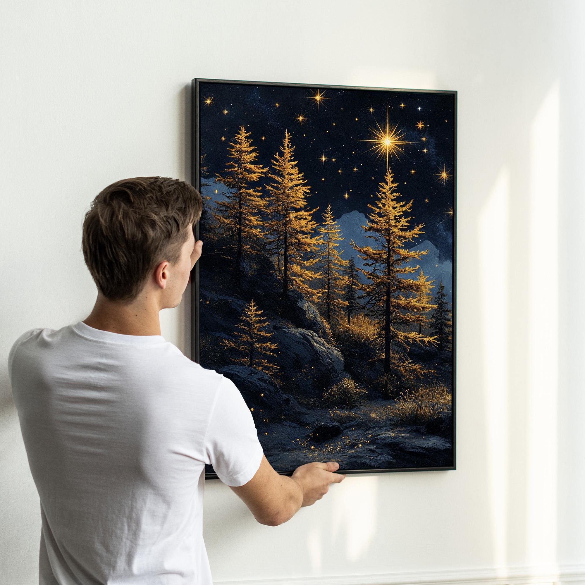 Moonlit Forest Wall Art Set of 3 | Full Moon Over Golden Pine Trees and ...
