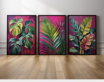 Tropical Leaf Pink Wall Art Set of 3 | Bold Magenta Botanical Canvas Prints with Monstera, Banana & Palm Leaves | Colorful Jungle Decor