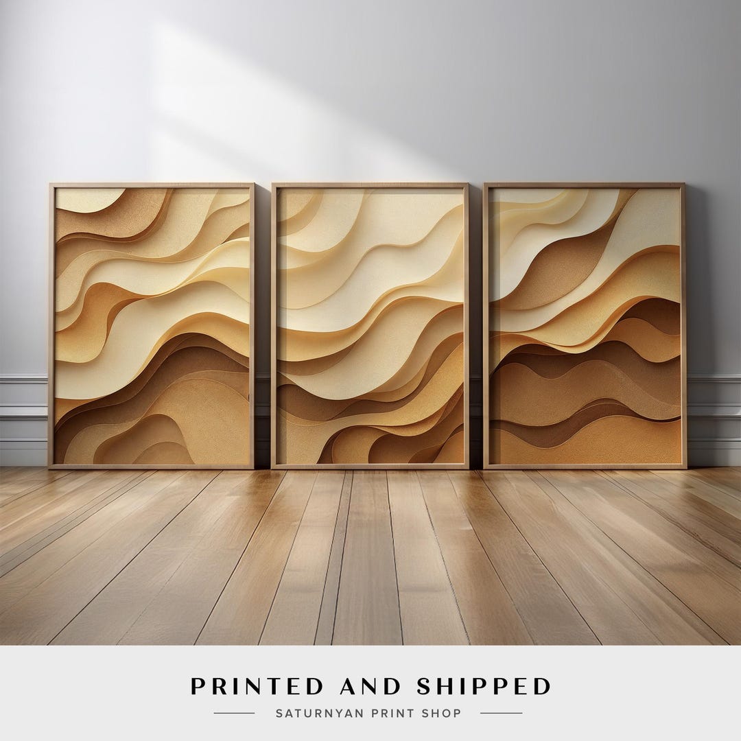 Earth Tone Abstract Wall Art | Set of 3 Neutral Beige and Brown Wave ...