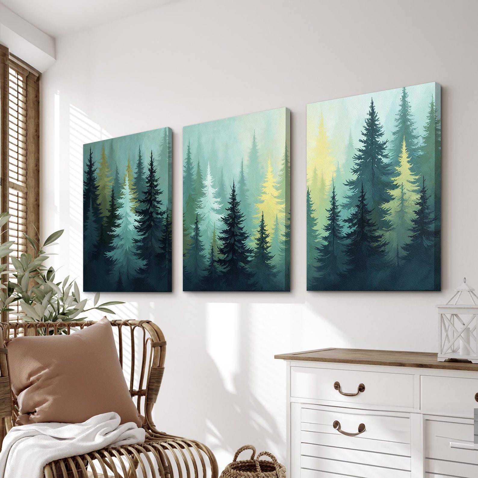 Misty Pine Forest Wall Art Set of 3 | Tranquil Tree Landscape Triptych ...