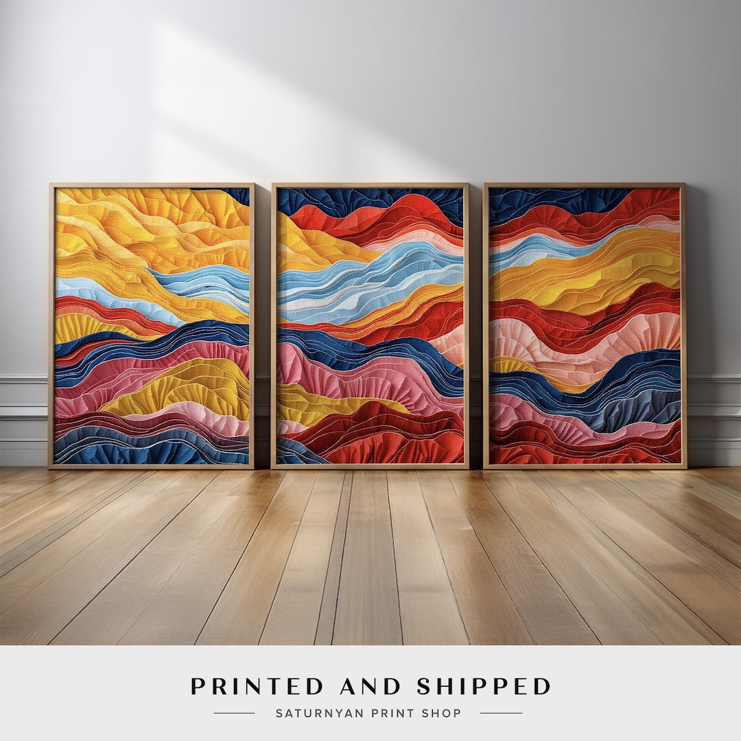 Colorful Abstract Triptych Wall Art | Flowing Wave Set of 3 With Yellow ...