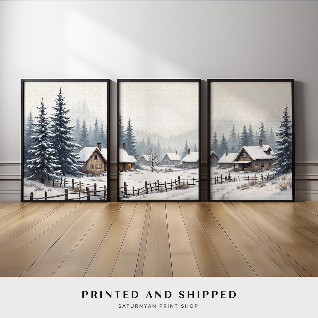 Winter Landscape Wall Art Set of 3 | Snowy Cabin and Pine Tree Canvas ...