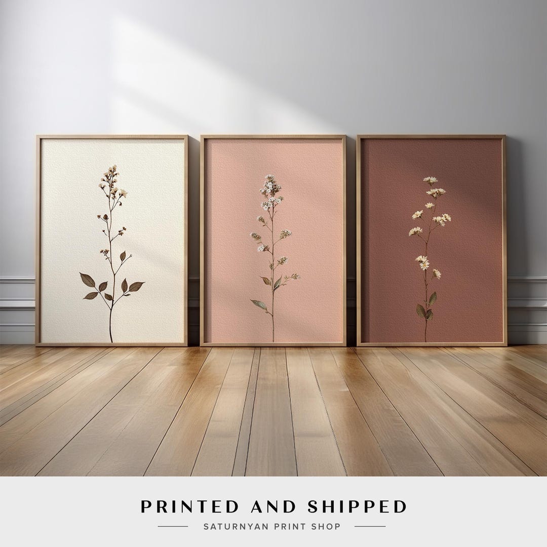 Minimalist Botanical Wall Art Set of 3 | Soft Neutral Floral Beige ...