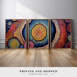 May include: Three abstract paintings in wooden frames. Each painting features a colorful, circular design reminiscent of a tree trunk cross-section. The colors are vibrant and include shades of blue, green, yellow, orange, red, and pink.
