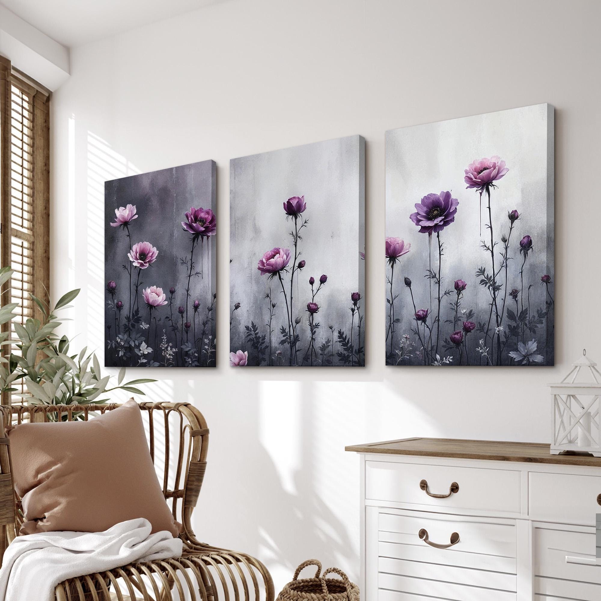 Purple Floral Wall Art Set of 3 | Elegant Modern Flower Canvas Prints ...