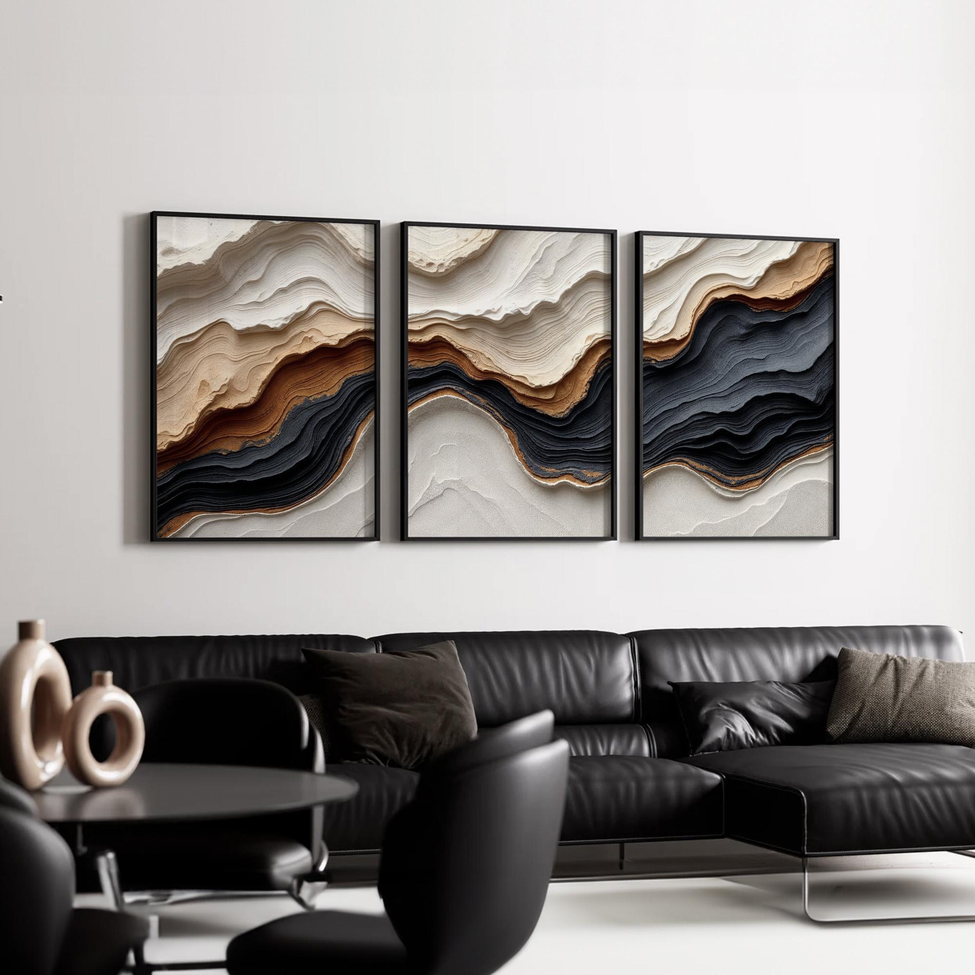 Modern Neutral Abstract Wall Art Set of 3 | Cream, Caramel, Black, and ...