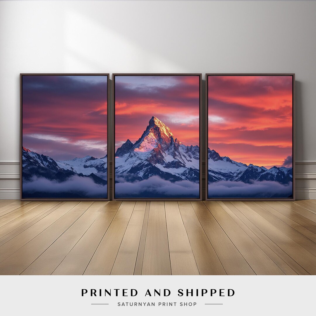 Mountain Sunset Wall Art Set of 3 | Snow Peak Landscape Canvas Prints ...