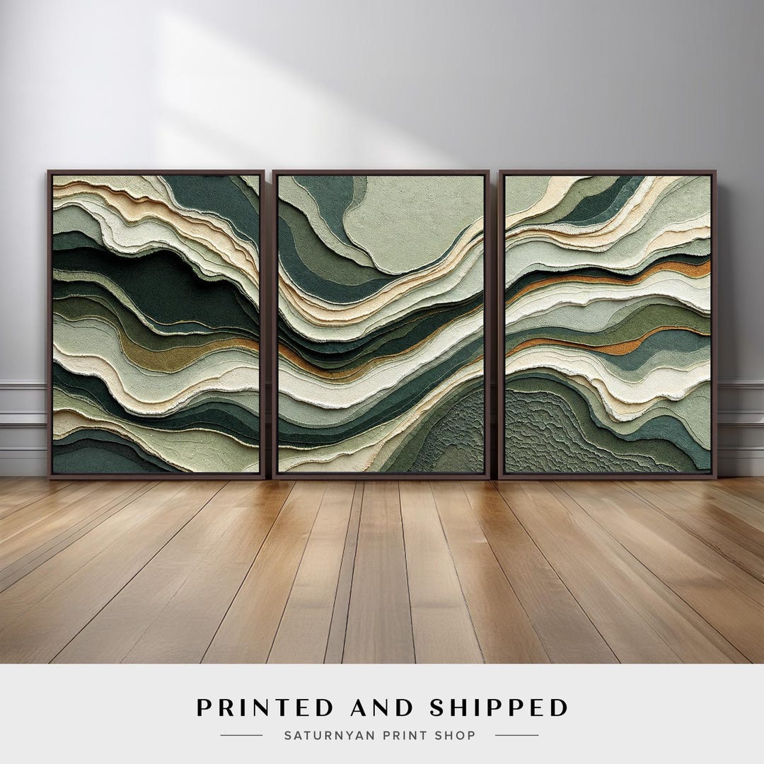 Flowing Organic Wave Abstract Wall Art Set of 3 | Sage Green and Cream ...