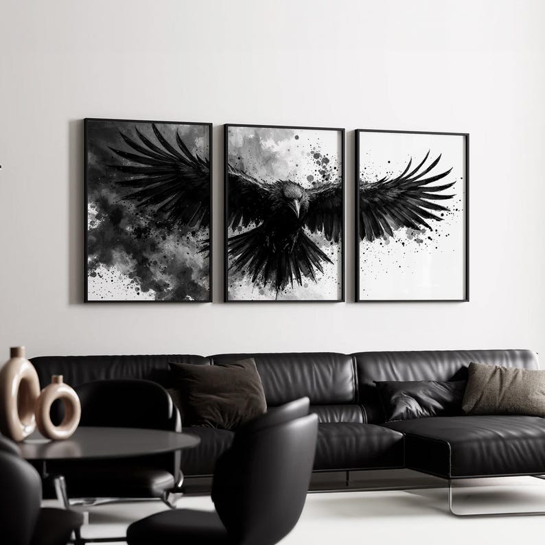Raven Wall Art Set of 3 | Black and White Ink Splash Canvas Prints with Crow Wings Spread | Gothic Abstract Triptych for Modern Decor image 11