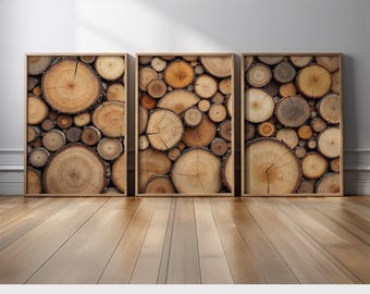 Tree Ring Wall Art Triptych | Rustic Wood Slice Canvas Prints Set of 3 | Warm Neutral Brown Tones | Nature Inspired Cabin Decor
