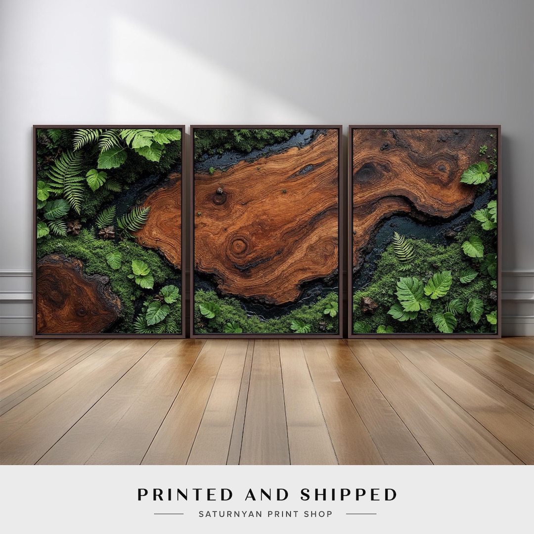 Nature Inspired Forest Triptych Wall Art | Wood Grain Fern Foliage, and ...