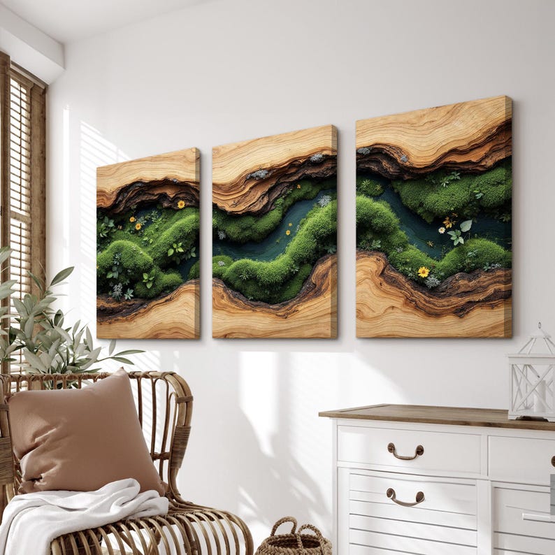 Nature Inspired Wall Art Set of 3 | Green Moss and Wood Abstract ...
