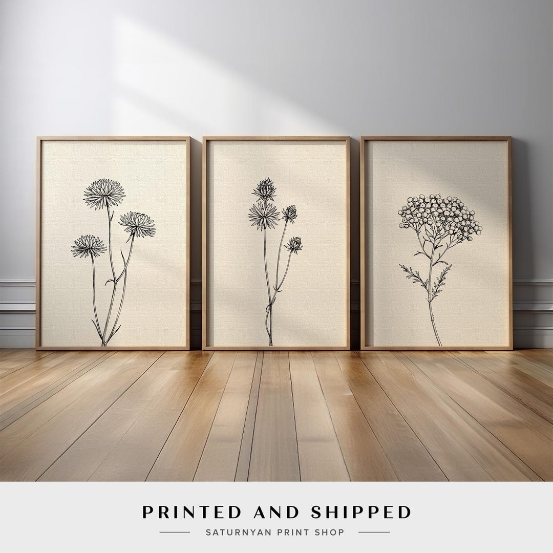 Minimalist Botanical Wall Art Set of 3 | Neutral Flower Line Art Prints ...