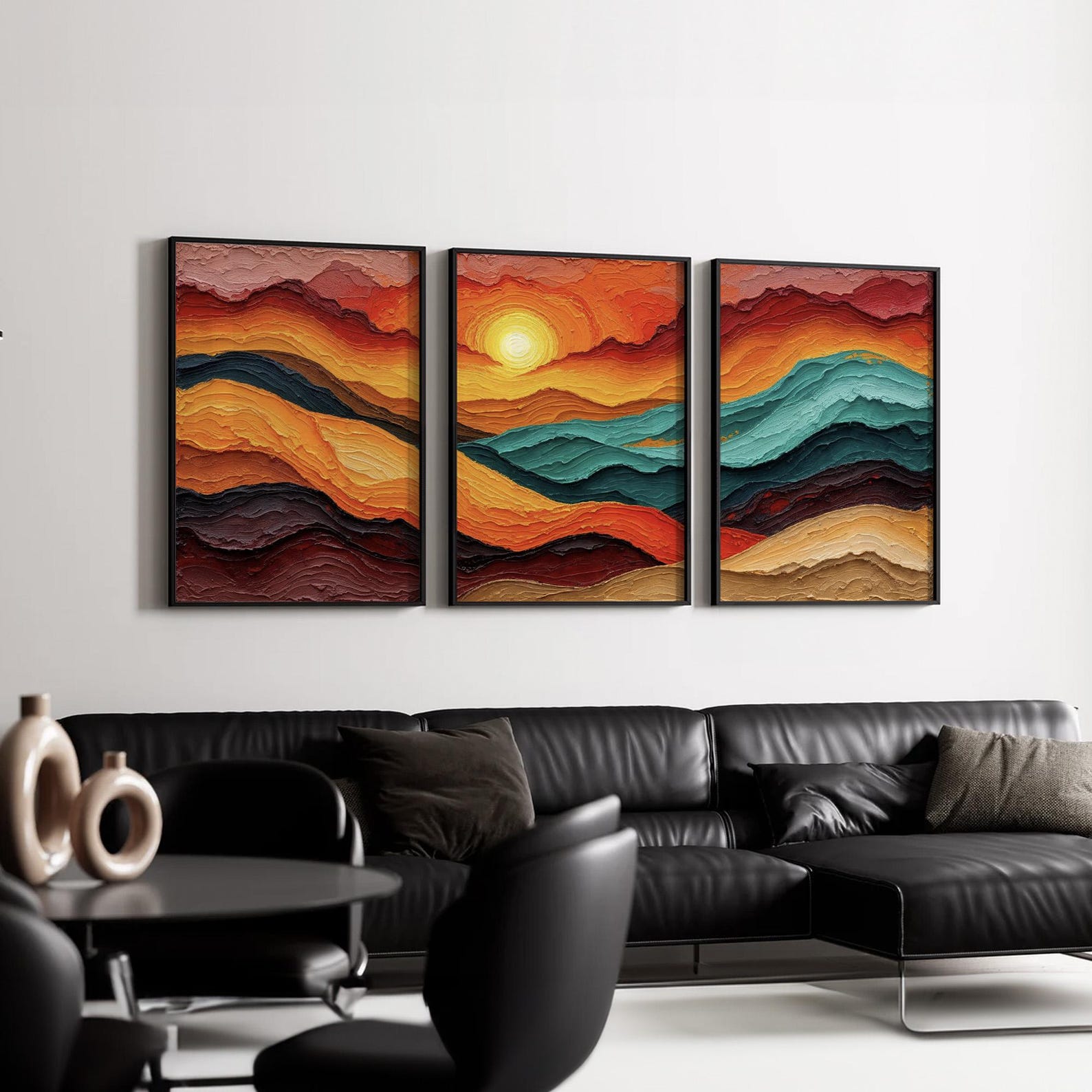 Vibrant Sunset Landscape Triptych Wall Art | Mountain Abstract Canvas ...