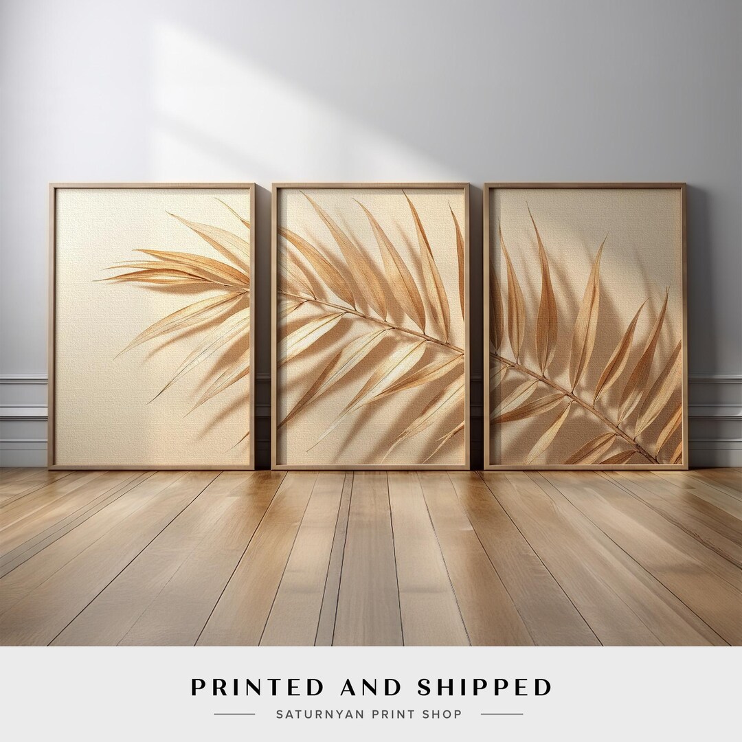 Neutral Palm Leaf Triptych Wall Art | Beige Botanical Leaf Canvas Set ...