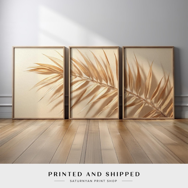 Neutral Palm Leaf Triptych Wall Art | Beige Botanical Leaf Canvas Set ...