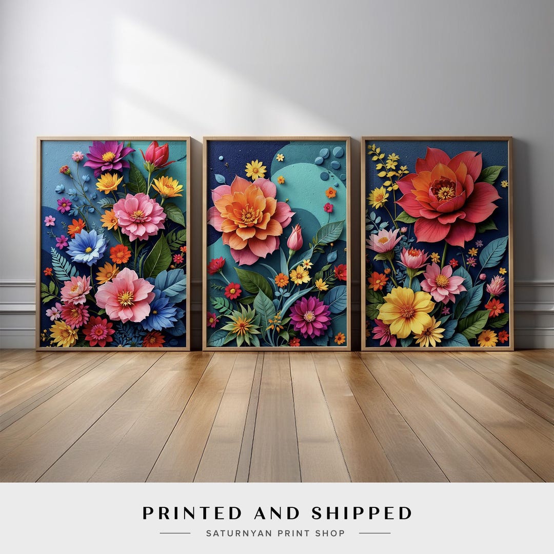Colorful Floral Wall Art Set of 3 | Bright Botanical Canvas Prints With ...