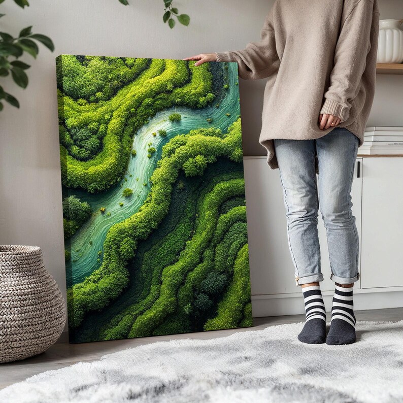 Lush Green Forest Wall Art Set | Aerial River Landscape Canvas Triptych ...