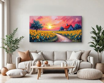 Sunset Sunflower Wall Art, Rural Landscape Canvas Print, Cozy Farmhouse Scene Painting, Warm Countryside Artwork, Nature-Inspired Home Decor