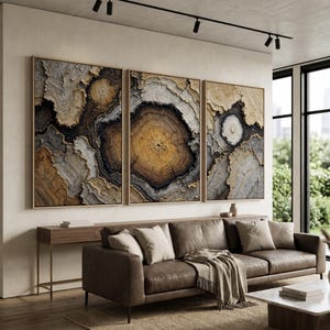 Nature Inspired Wall Art Triptych | Rustic Tree Ring Canvas Prints with Wood Grain Cross Section Patterns for Farmhouse, Rustic Decor