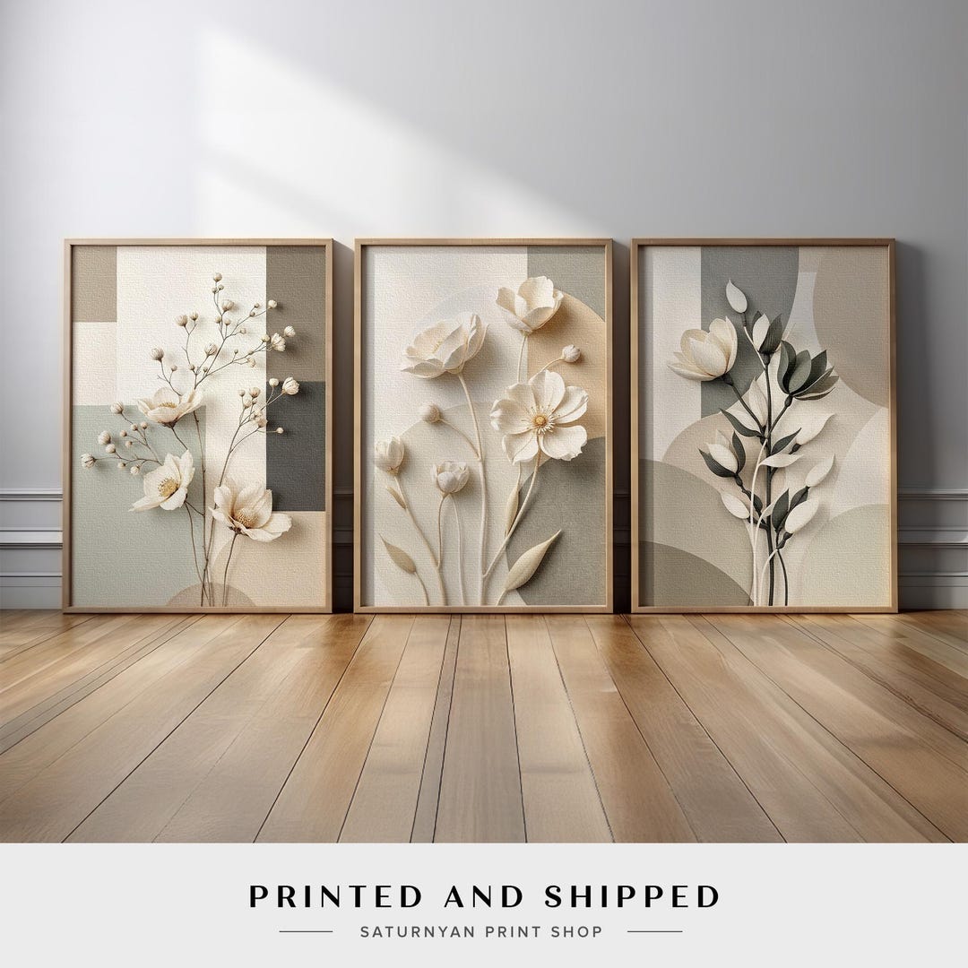 Neutral Botanical Wall Art Set of 3 | Beige Minimalist Floral Canvas ...