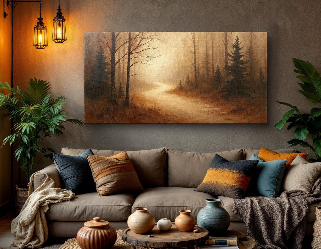 Misty Forest Pathway Wall Art - Rustic Woodland Landscape Painting in ...