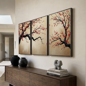 Japanese Cherry Blossom Wall Art, Sakura Tree Triptych, Asian Ink Painting, Zen Home Decor, Floral Canvas Print, Oriental Minimalist Art image 8