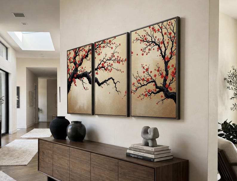 Japanese Cherry Blossom Wall Art, Sakura Tree Triptych, Asian Ink Painting, Zen Home Decor, Floral Canvas Print, Oriental Minimalist Art image 8